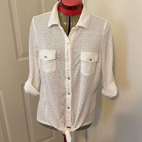 live and let live Boho White Eyelet Button Down Shirt Size L - Picture 1 of 8